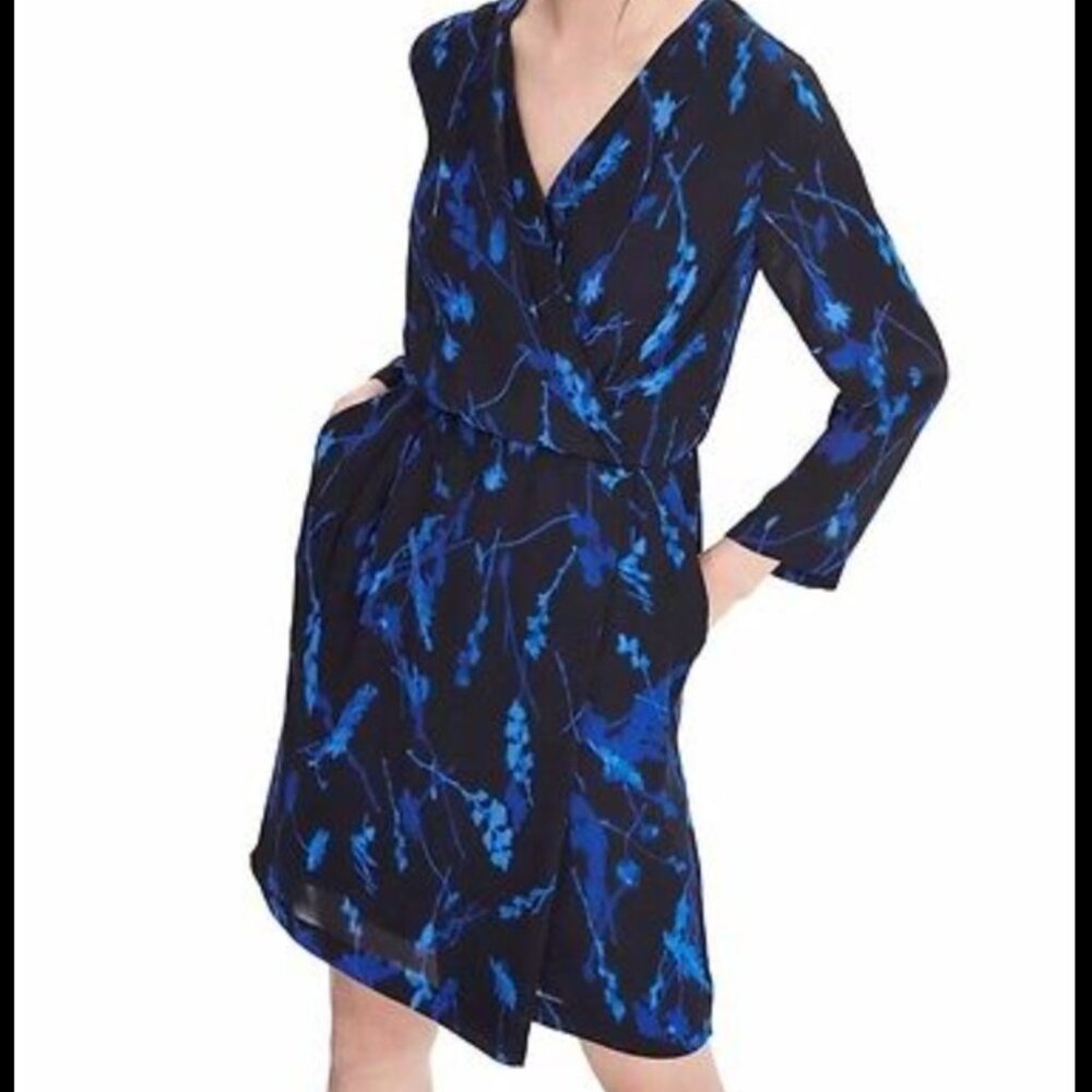LONG-SLEEVE Blue Floral WATERCOLOR PRINT WRAP DRESS, Size 2